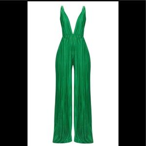 Green Plisse Plunge Strappy Jumpsuit